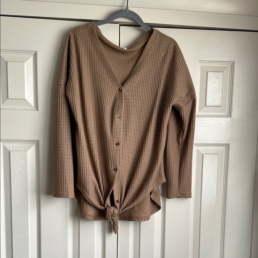 Brown Button-Up Waffle Knit Top